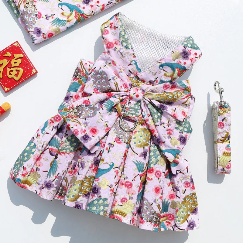 2023 New Pet Dog Harness and Leash Vest Breathable Checked Bowknot Cat Dress Teddy Bichon Dog Clothes Spring and Summer Outdoor