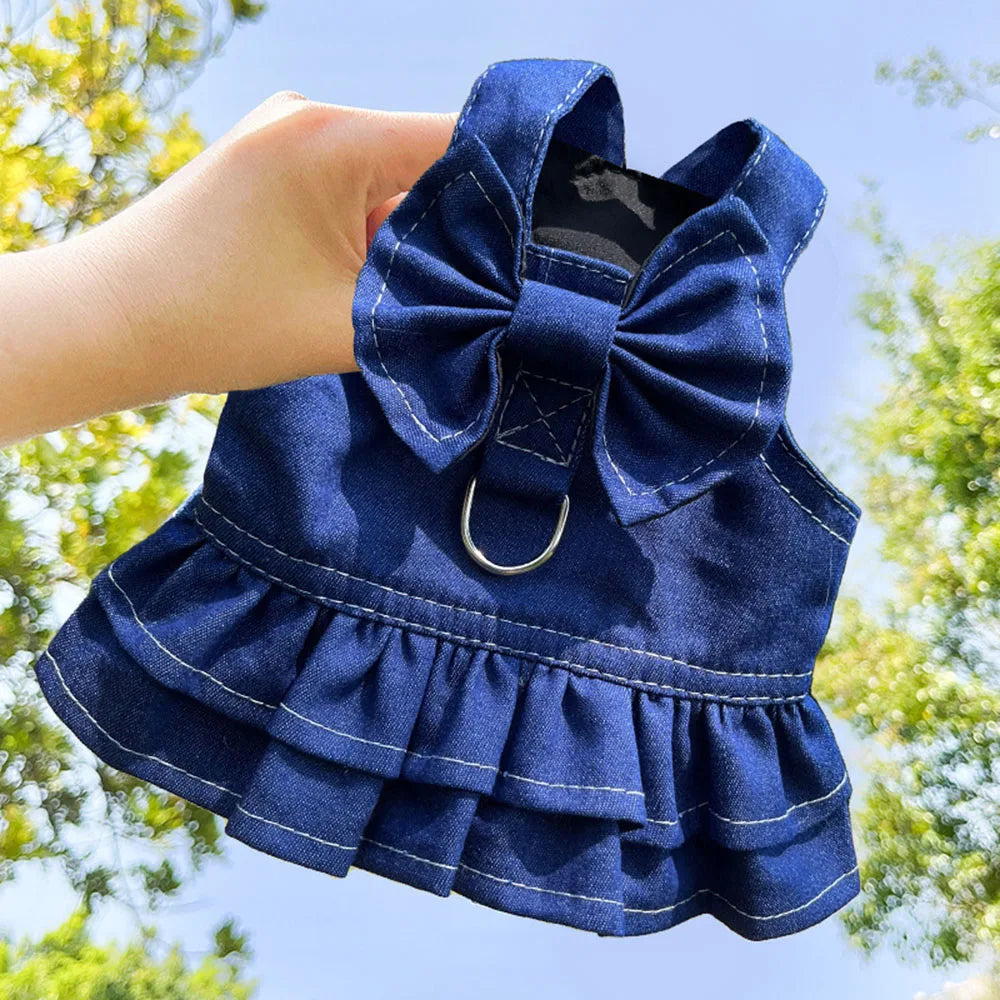 Pet Denim Clothes For Cat Dog Spring Summer Cat Dress Harness Kitten Jeans Shirt Cat Bowtie Skirt Dress Vest Harness with D-Ring