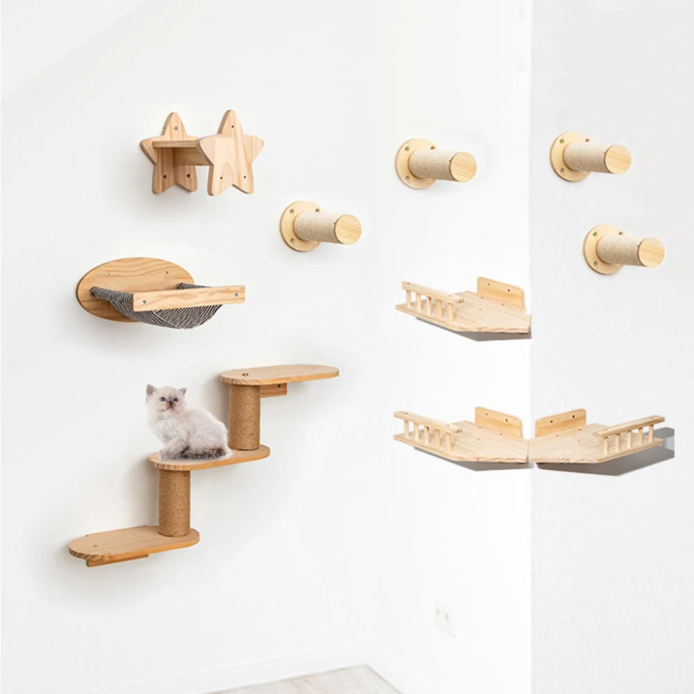 Cat Climbing Shelf Furniture Wall Mounted Cat Hammock and Wooden Stairway with Scratching Post for Cats Indoor Playing and Rest