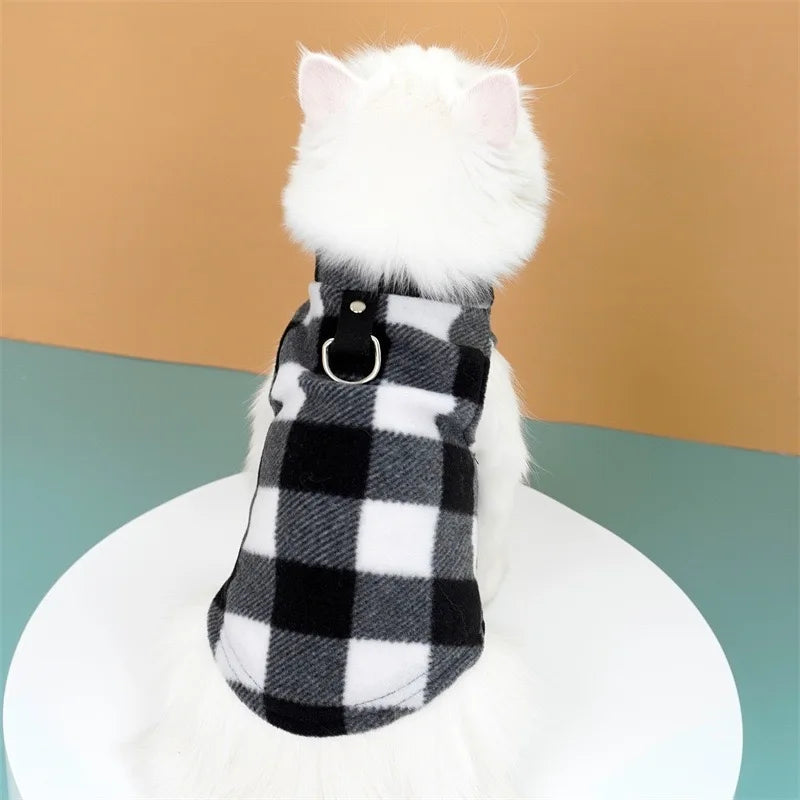 Spring Autumn Vintage Plaid Warm Fleece Pet Dog Cat Clothes Autumn Winter Thickened Vest Coat Small Medium Costume Traction Ring