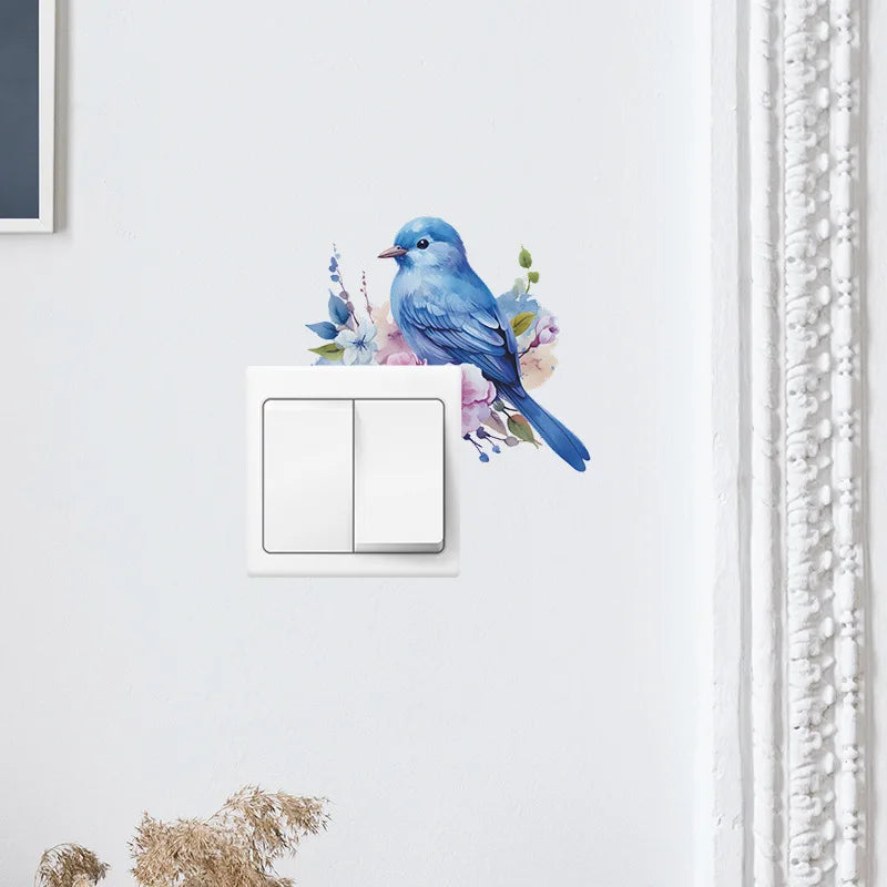 1PC Cartoon Bird Looking At Green Plants And Flowers With Stickers, Decorative Switch Stickers, Home Beautification Background W