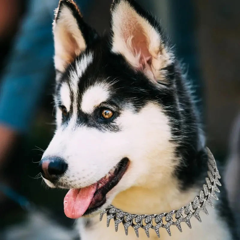 Gold Dog Chain Collar Walking Chain Diamond Necklace, 20MM Cuban Link Chains Jewelry with Thorn Design,for Small Midium Dogs Cat