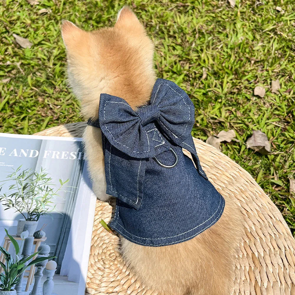 Pet Denim Clothes For Cat Dog Spring Summer Cat Dress Harness Kitten Jeans Shirt Cat Bowtie Skirt Dress Vest Harness with D-Ring