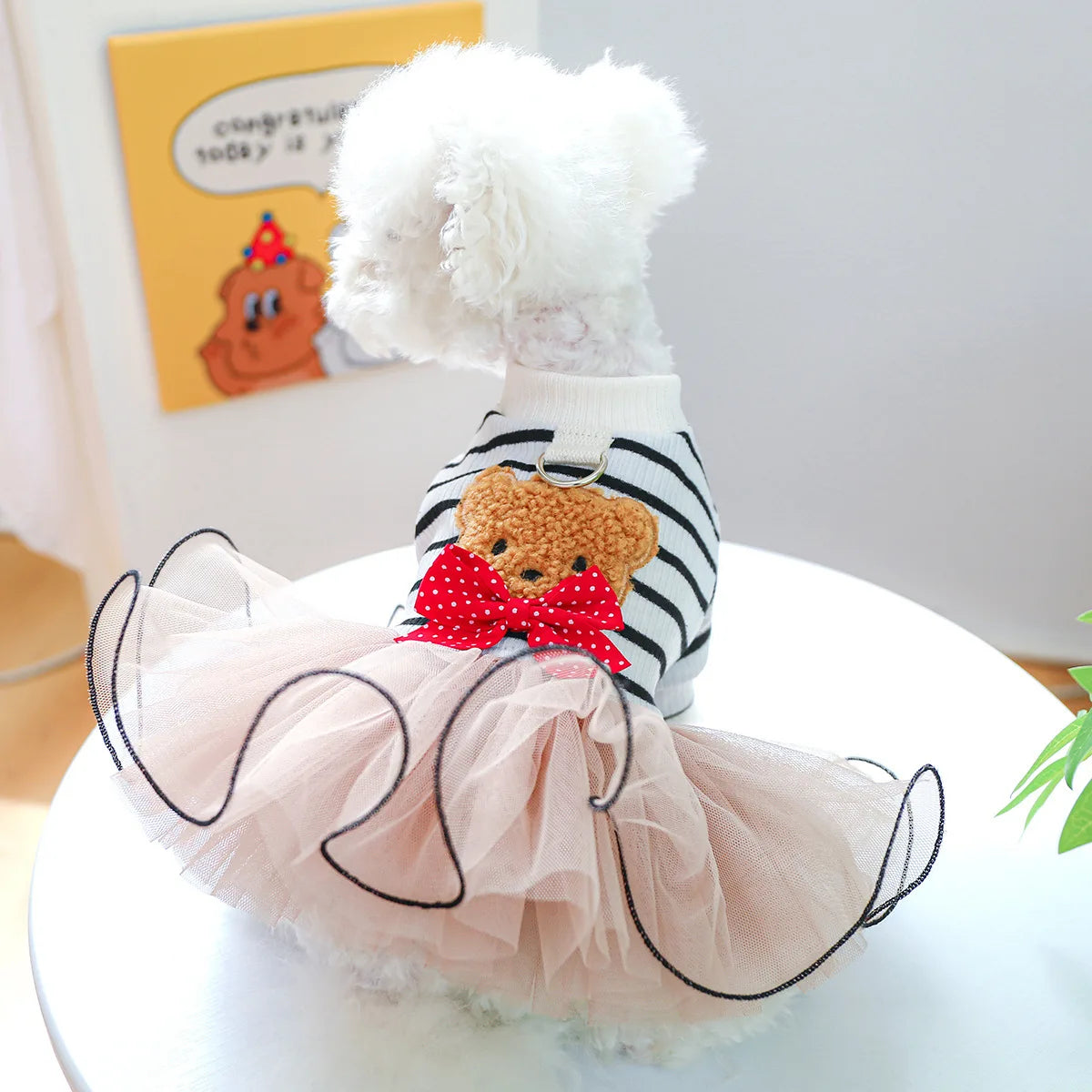 Cute Bear Stripe Dog Dress for Small Dogs, Luxury Tiered Layer Tulle Tutu Dress Princess Skirt Spring Autumn Puppy Pet Clothes