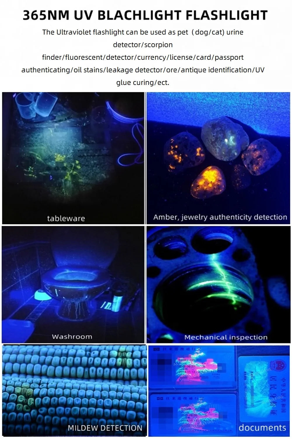 365/395nm Uv Flashlight Blacklight Mini Ultraviolet Torch Money Ore Pet Urine Invisible ink Marker Stain Scorpion Detector Lamp