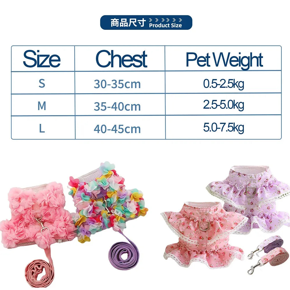 Pink Flower Puppy Harness Mesh Breathable Small Girl Dog Cat Vest Harness Cute Doggy Lace Dress Harness with Leash for Walking