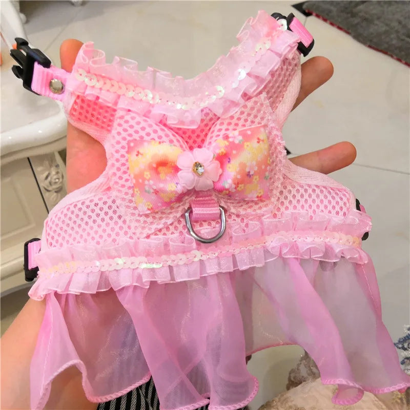 Dog Bow Dress Harness Leash Set for Small Medium Dogs Breathable Mesh Pet Tulle Skirt with Sequins Luxury Design Dog Clothes