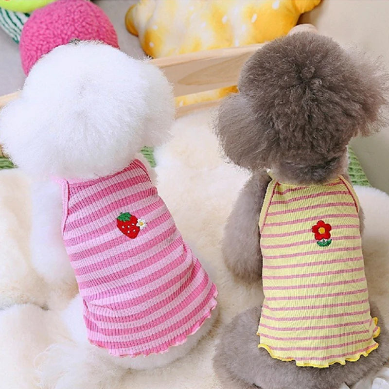 Flower Embroidery Pet Vest for Small Dogs Sweet Summer Striped Teddy Bear Cat Clothes Soft Cotton Designer Puppy Kitten T Shirt