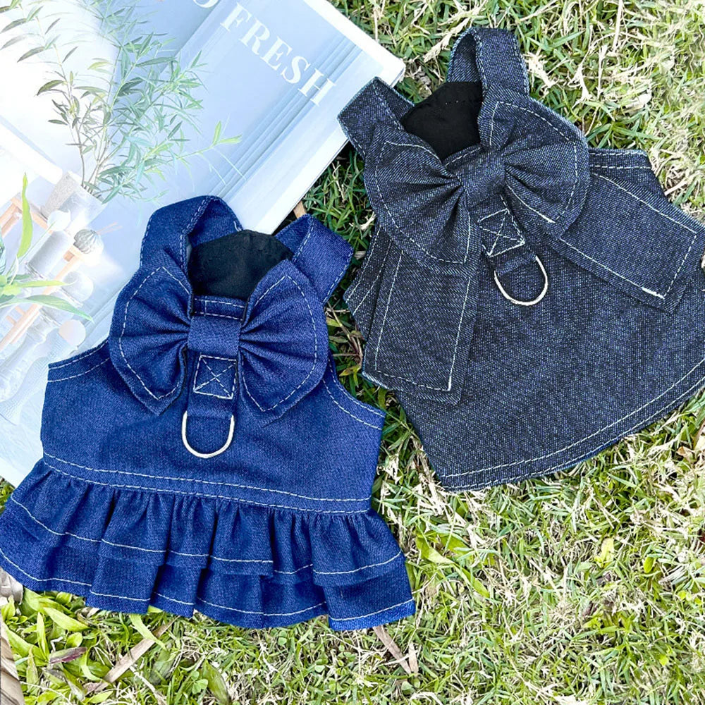 Pet Denim Clothes For Cat Dog Spring Summer Cat Dress Harness Kitten Jeans Shirt Cat Bowtie Skirt Dress Vest Harness with D-Ring