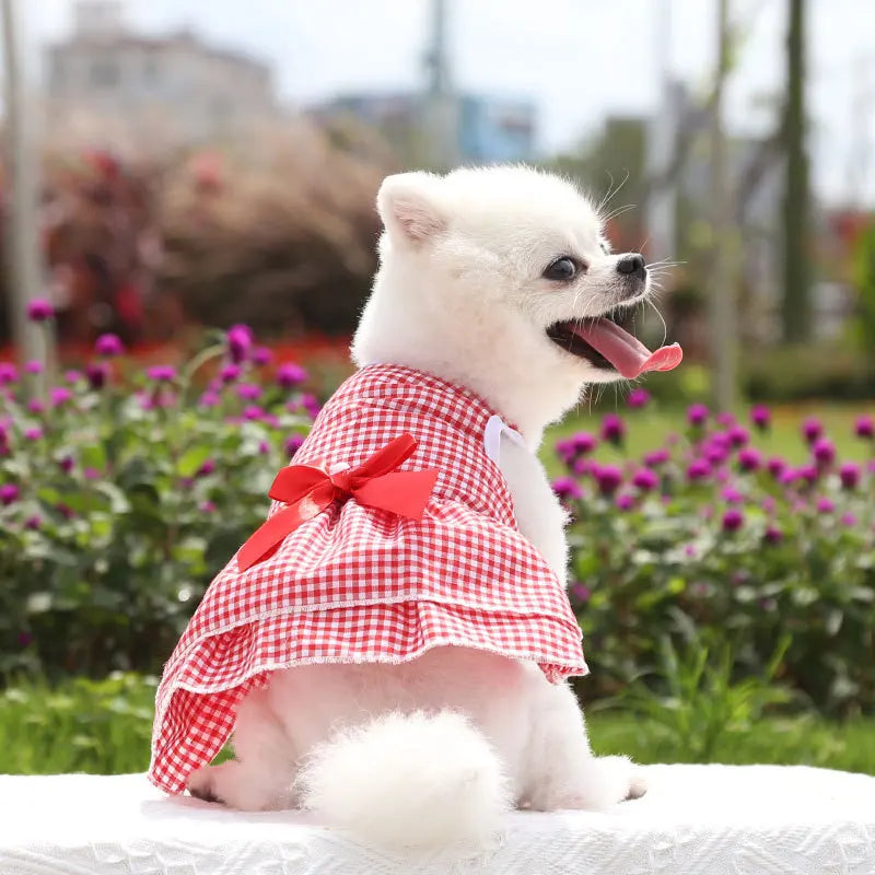 Bow Tie Decorate Dog Fancy Dress Stripes and Lattice Pink Pet Skirt Sleeveless Girl Wedding Party Pet Skirt Clothing for Cats