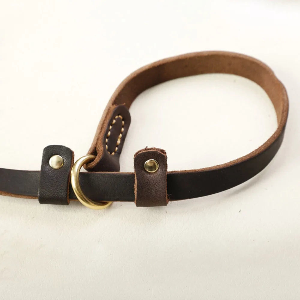 Pet Dog Flat Slip Lead British Style Durable Real Leather Dog Leash Smooth Adjustable Dog Slip Loop Lead for Walking & Showing