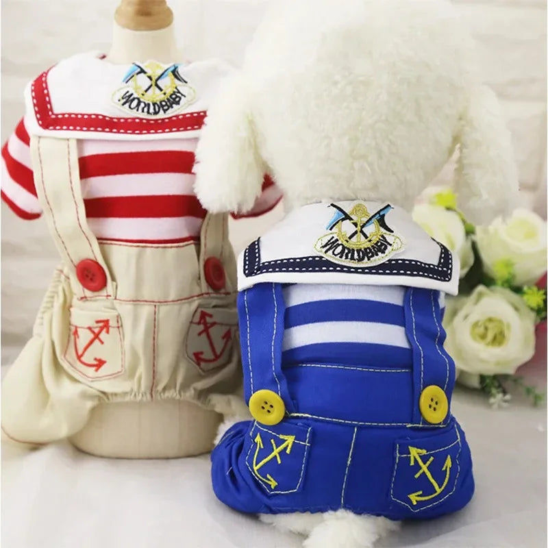 Anchor Navy Costume Dog Jumpsuit for Small Dogs, Puppy Stripe Shirt with Pants Overalls Seaman Outfits Autumn Chihuahua Clothes