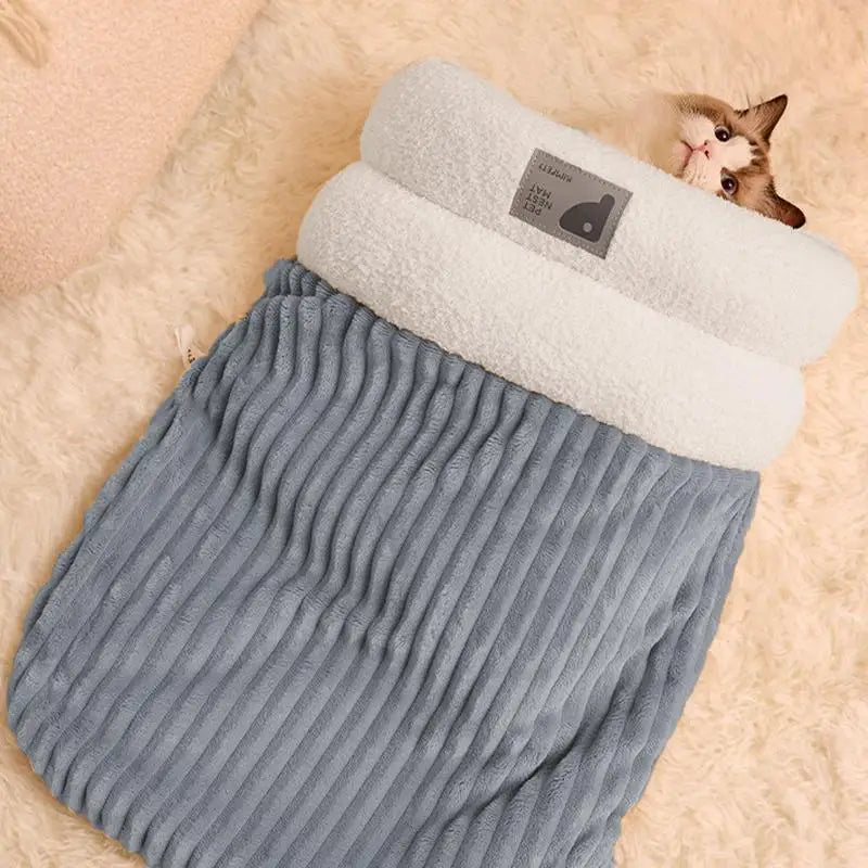 Cat Winter Sleeping Bag Thickened Warm Cat Snuggle Sack 360 Wrap Comfortable Cat Beds For Indoor Cats Washable Soft Plush House