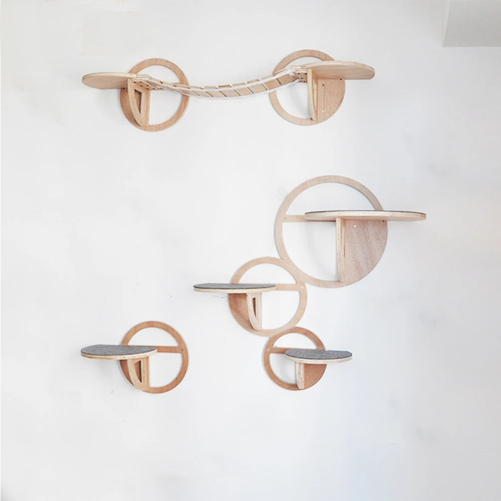 Cat Wall Mounted Shelf Furniture Wooden Cat Bed and Scratcher Post with Climbing Ladder Widen Steps for Kitten Play and Rest