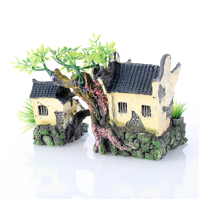 Resin Aquarium Decoration Simulated Attic Pavilion Artificial House View Rock CaveTree Fish Tank Ornament Pet Supplies Home Deco