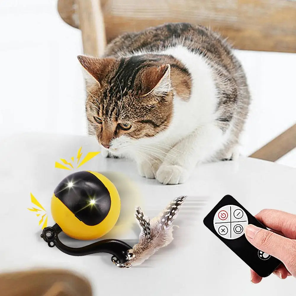 Smart Ball Cat Toy Cat Power Ball with Feather Tails Moving Cat Toy with LED Light and Sound Kitten Exercise Hunting Toys