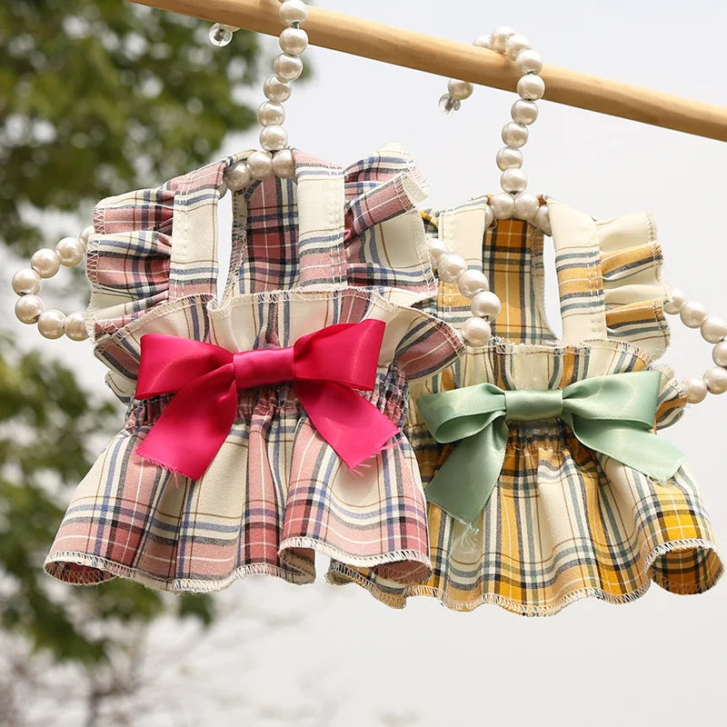 Plaid Dog Dress Cute Princess Dresses Cat Plaid Vest Small and Medium-sized Pet Clothing Classical Style Printed Pattern Clothes