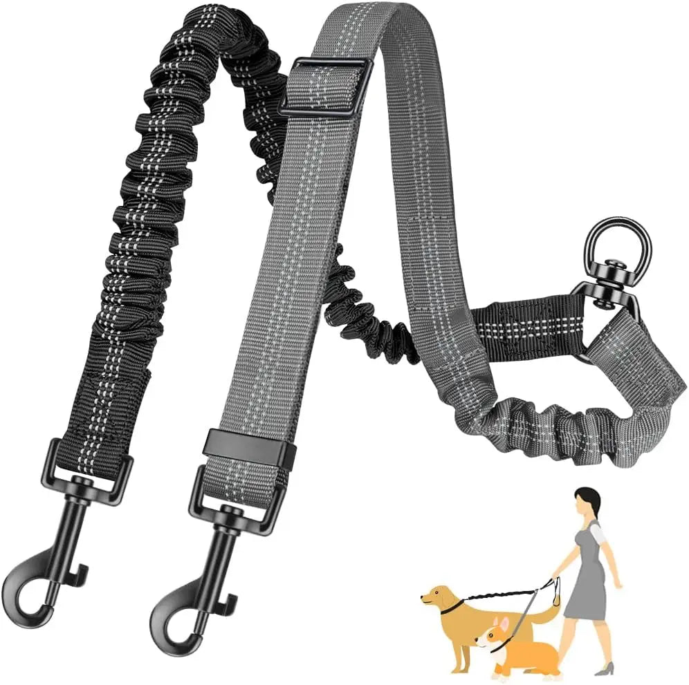 16ft Long Dual Dog Leash Attachment - Double Leashes for Training Small to Large Dogs - Adjustable Strap, Shock Absorbing Bungee