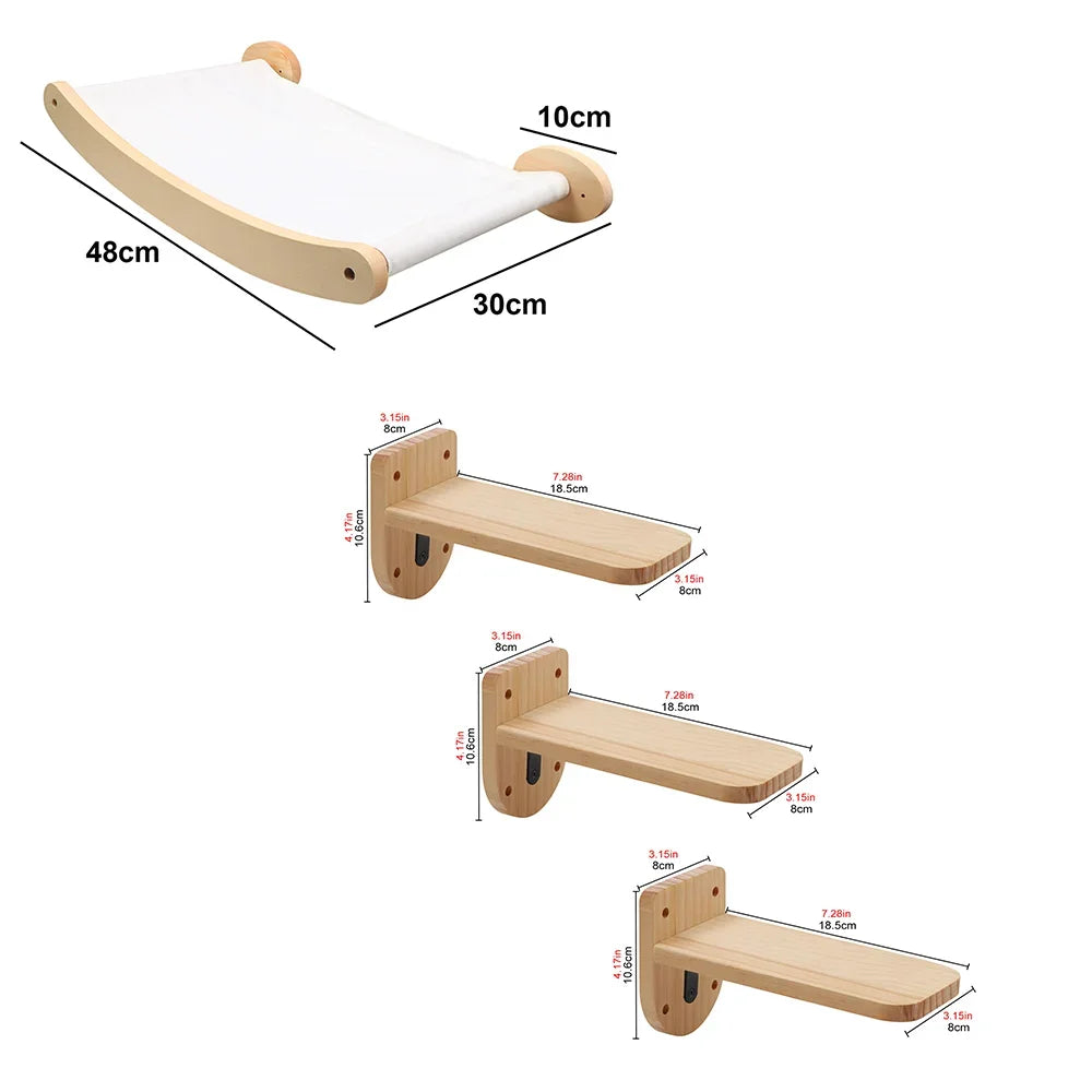 Cat Wall Mounted Solid Wooden Furniture Climbing Ladder and Cat Hammock with Scratching Post for Activity Indoor Cats Perches