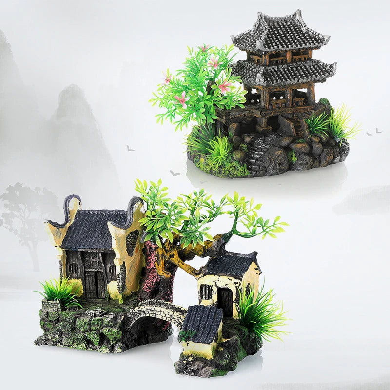 Resin Aquarium Decoration Simulated Attic Pavilion Artificial House View Rock CaveTree Fish Tank Ornament Pet Supplies Home Deco