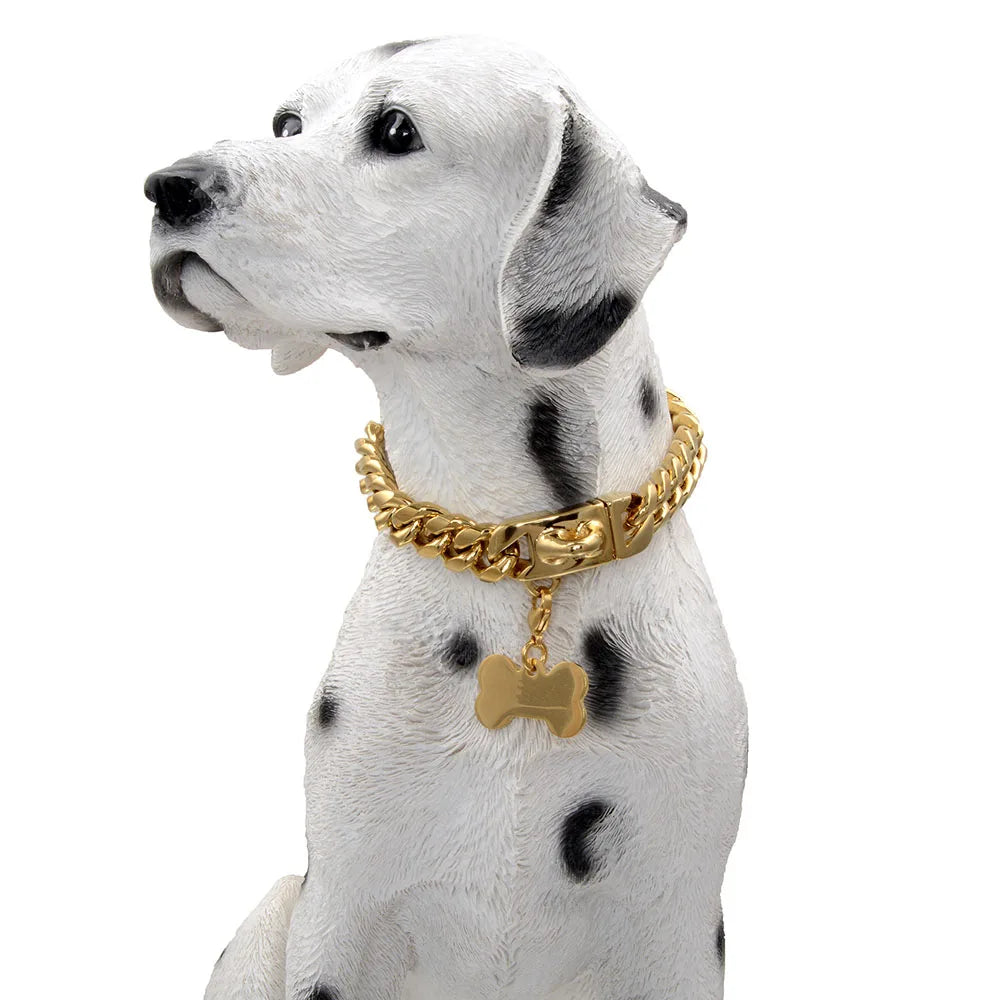 Gold Dog Chain Collar 15mm Stainless Steel Cuban Link Chain Strong Heavy Duty Chew Proof Dog Necklace with Buckle for Dogs