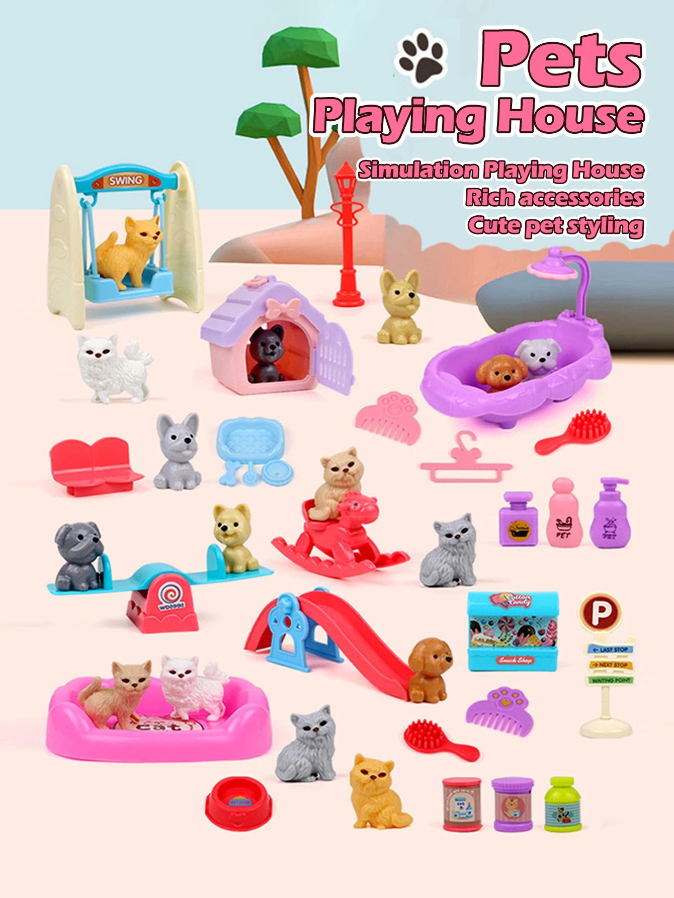 8pcs/set Cute Dog Pet Basket Family Toys Dog Doll Set Dog Cage Toys Scene Playing Toys Christmas Decoration Gifts