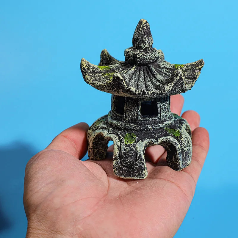Resin Artificial Fish Tank Ancient Pavilion Decoration Aquarium Rock Cave Building Decoration Aquatic Landscaping Ornament Decor
