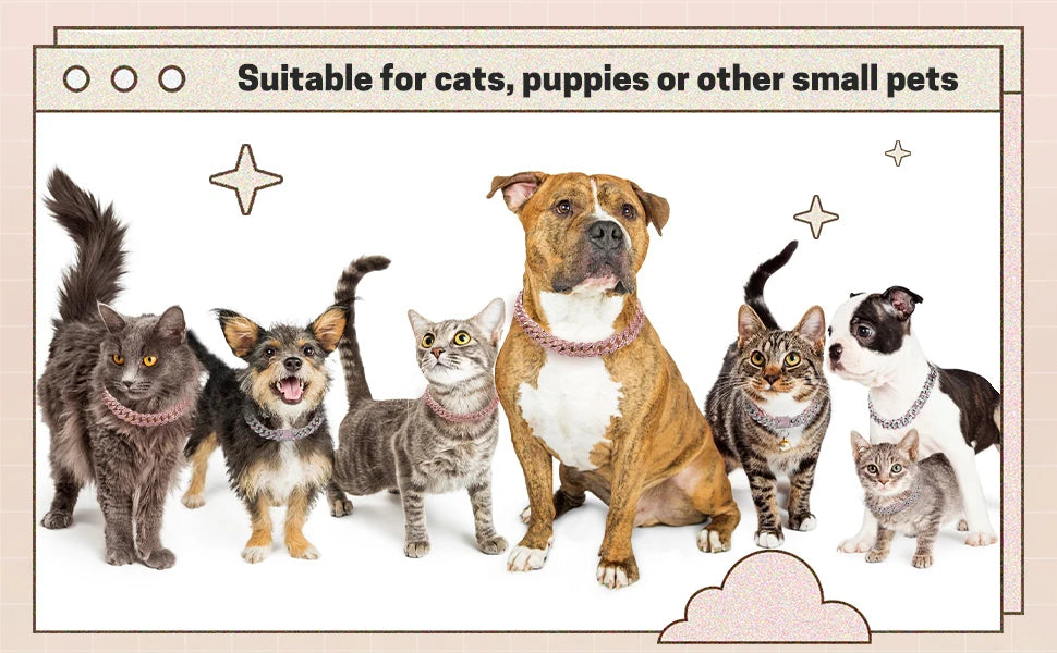 Dog Chain Collar Pink Diamond Cuban Link Necklace Metal Cat Chain Pet Crystal Collar Jewelry Accessories for Dogs Cats