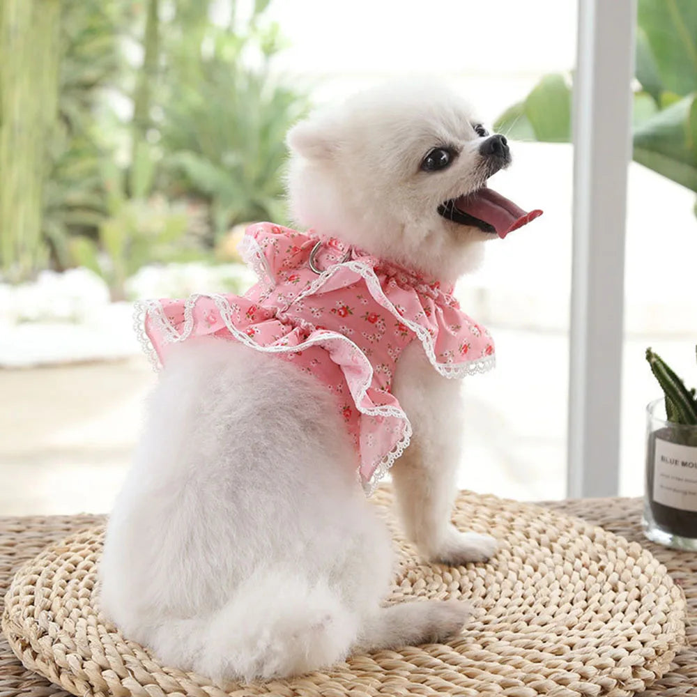 Pink Flower Puppy Harness Mesh Breathable Small Girl Dog Cat Vest Harness Cute Doggy Lace Dress Harness with Leash for Walking
