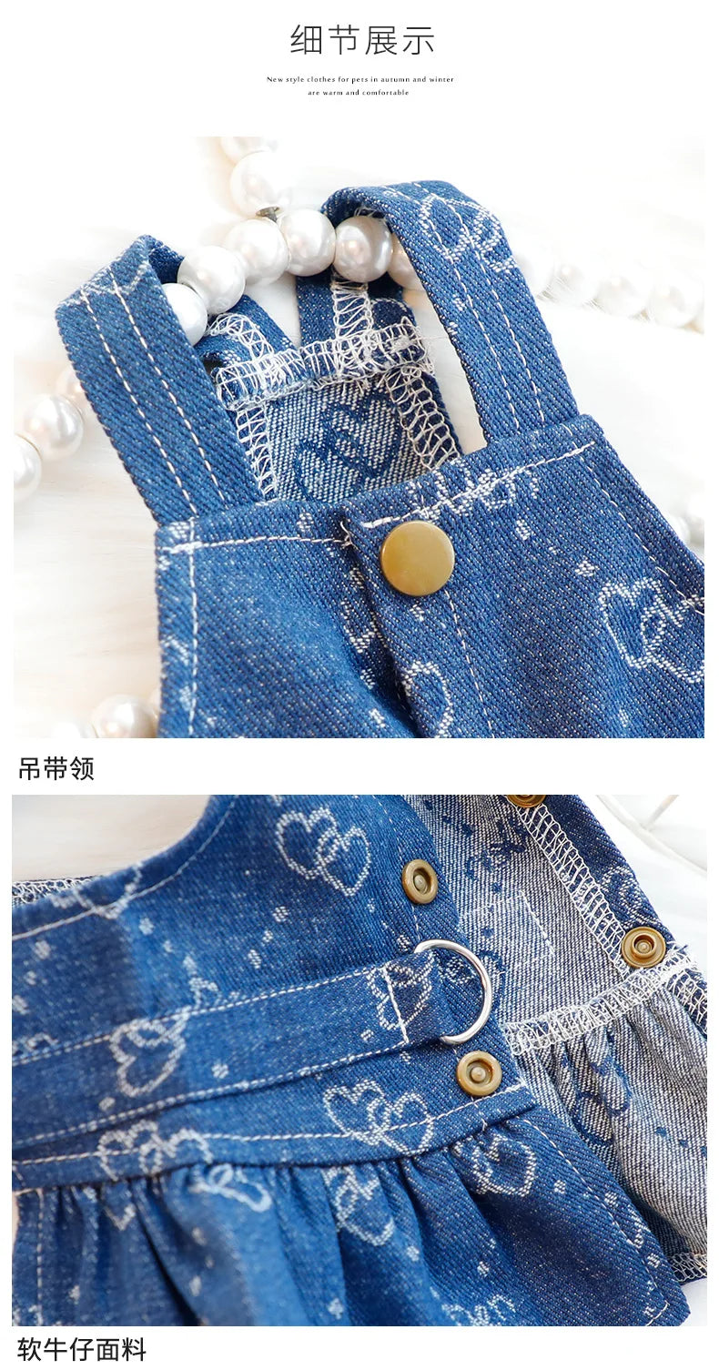 Dog Denim Dress for Small Dogs, Dark Wash Jeans Vest Tutu Skirts with Leash D-ring,Summer Clothes Yorkie Chihuahua Pet Apparel