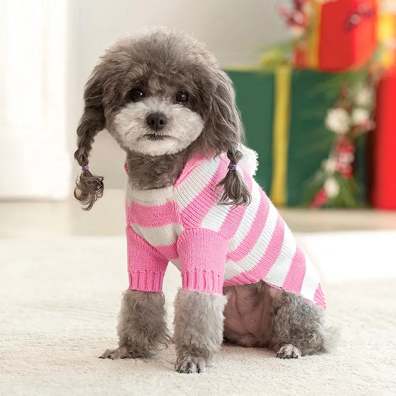 Dog Cat Sweater for Small Medium Dogs Stripe Knitted Christamas Sweater Hooded Autumn Winter Pet Clothes Xmas Puppy Outfits