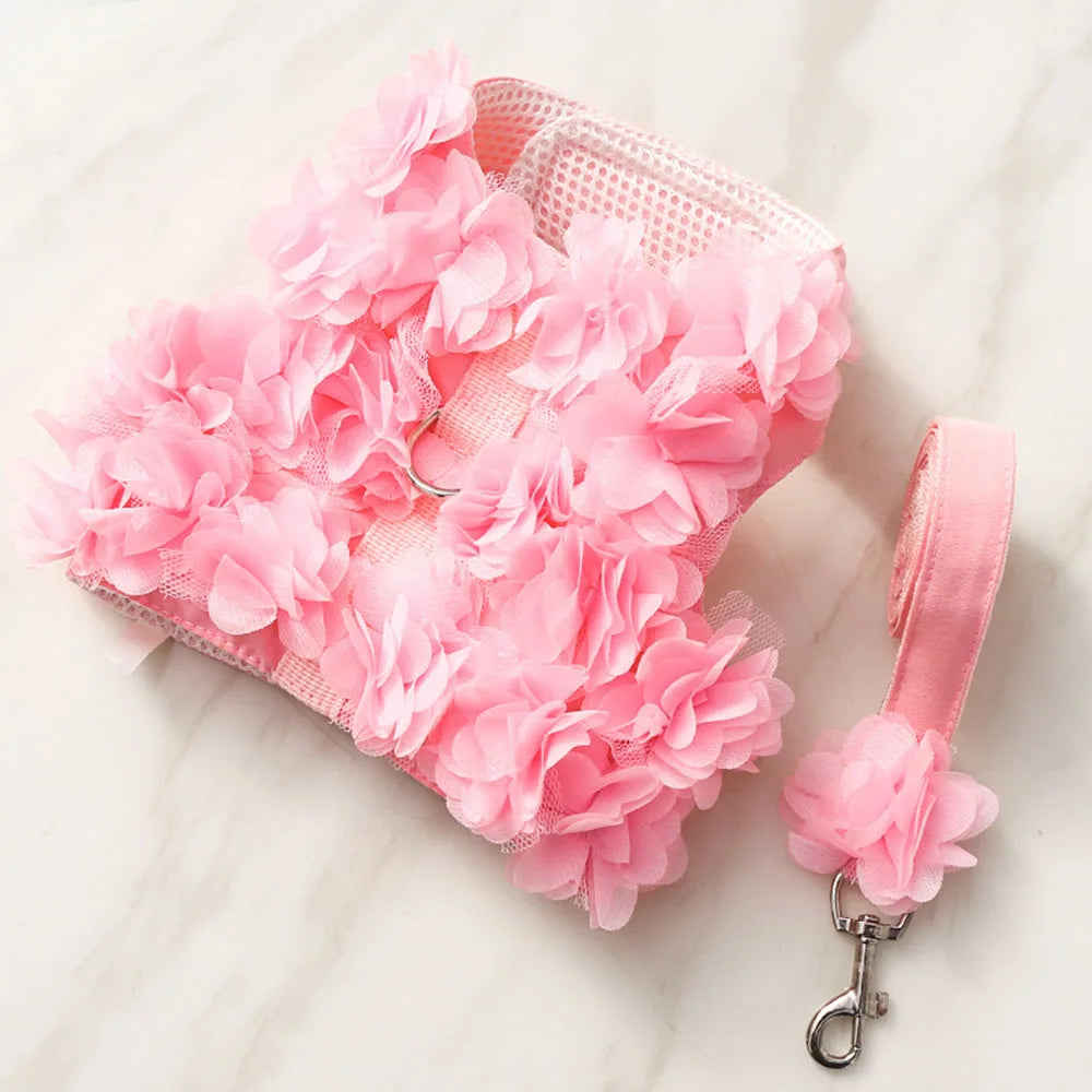 Pink Flower Puppy Harness Mesh Breathable Small Girl Dog Cat Vest Harness Cute Doggy Lace Dress Harness with Leash for Walking