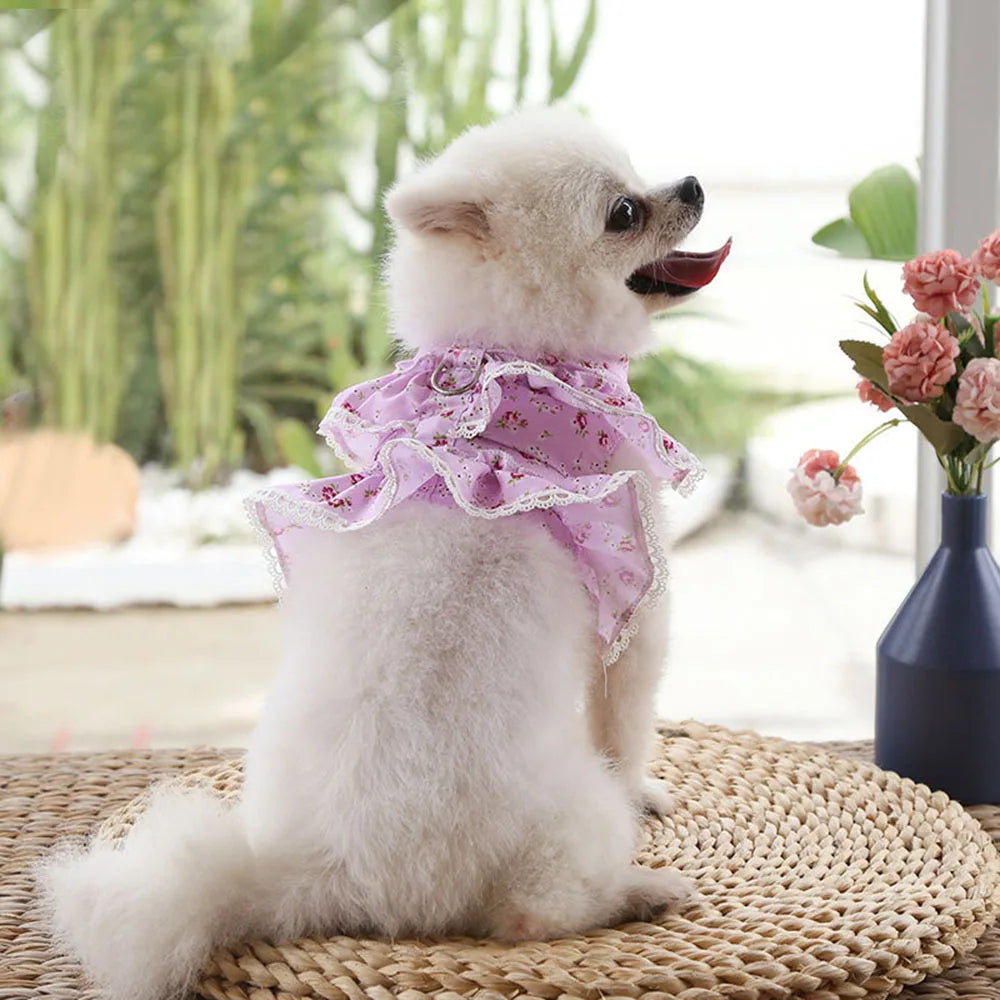 Pink Flower Puppy Harness Mesh Breathable Small Girl Dog Cat Vest Harness Cute Doggy Lace Dress Harness with Leash for Walking