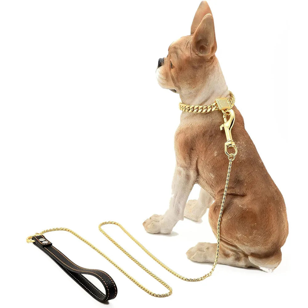 Dog Chain Leash for Dog Collar 18K Gold Sliver Cuban Link Anti-Bite Metal Strong Dog Leash for Walking Training Small Medium Dog