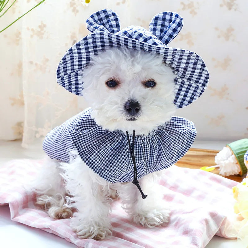 Pastoral Style Plaid Cat Hat Cute Ears Sunshade Cap for Dogs Summer Pet Headwear Unisex Outdoor Hats Chihuahua Dogs Accessories