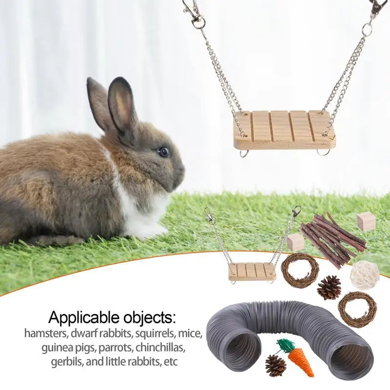 11Pcs Combination Hamsters Rabbit Toys Tunnel Set Toy Hamster Toys Set Pet Rabbit Guinea Pig Parrot Play Molar Wooden Supplies