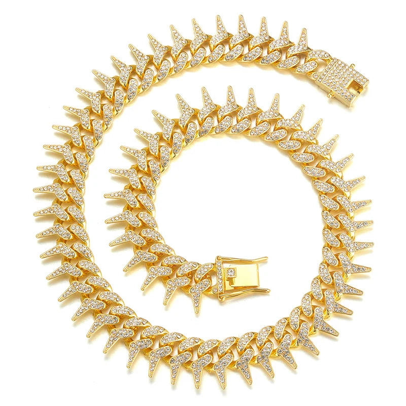 13mm Bling Diamond Chain Dog Cat Collar with Spiked Rivet Design, Luxury Gold Cuban Link Dog Collar for Small Medium Large Dogs