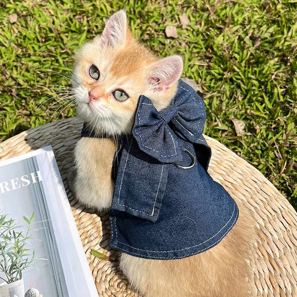 Pet Denim Clothes For Cat Dog Spring Summer Cat Dress Harness Kitten Jeans Shirt Cat Bowtie Skirt Dress Vest Harness with D-Ring