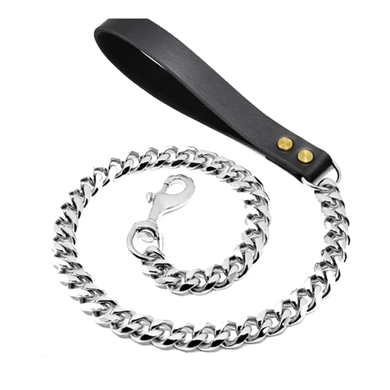Stainless Steel Pet Gold Chain, Dog Leashes, Leather Handle, Portable Leash Rope, Straps, Puppy, Cat Training, Slip Collar Suppl