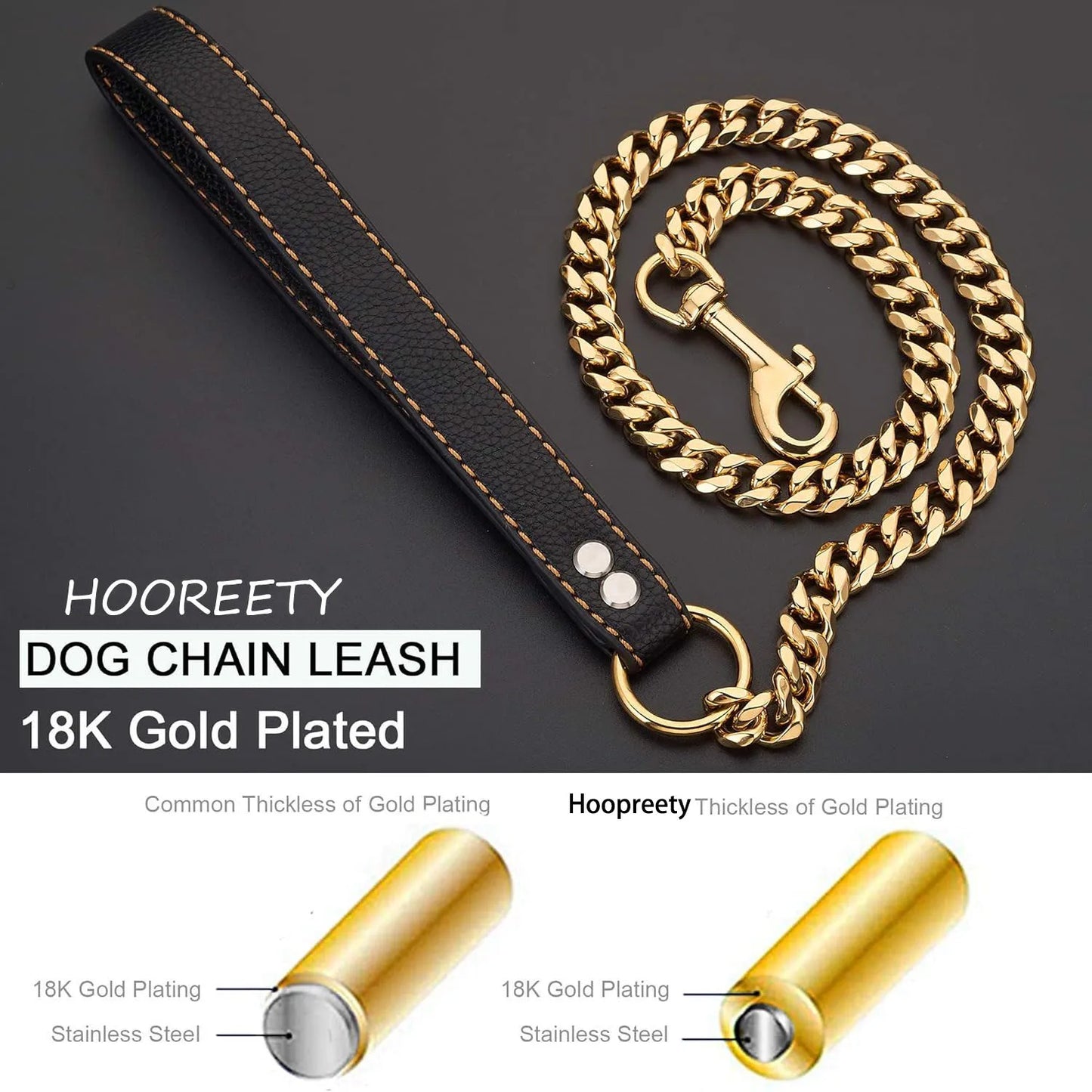 10MM Strong Stainless Steel Dog Chain Leash Heavy Duty 18K Gold Miami Cuban Link Chain with Genuine Leather Handle for Large Dog