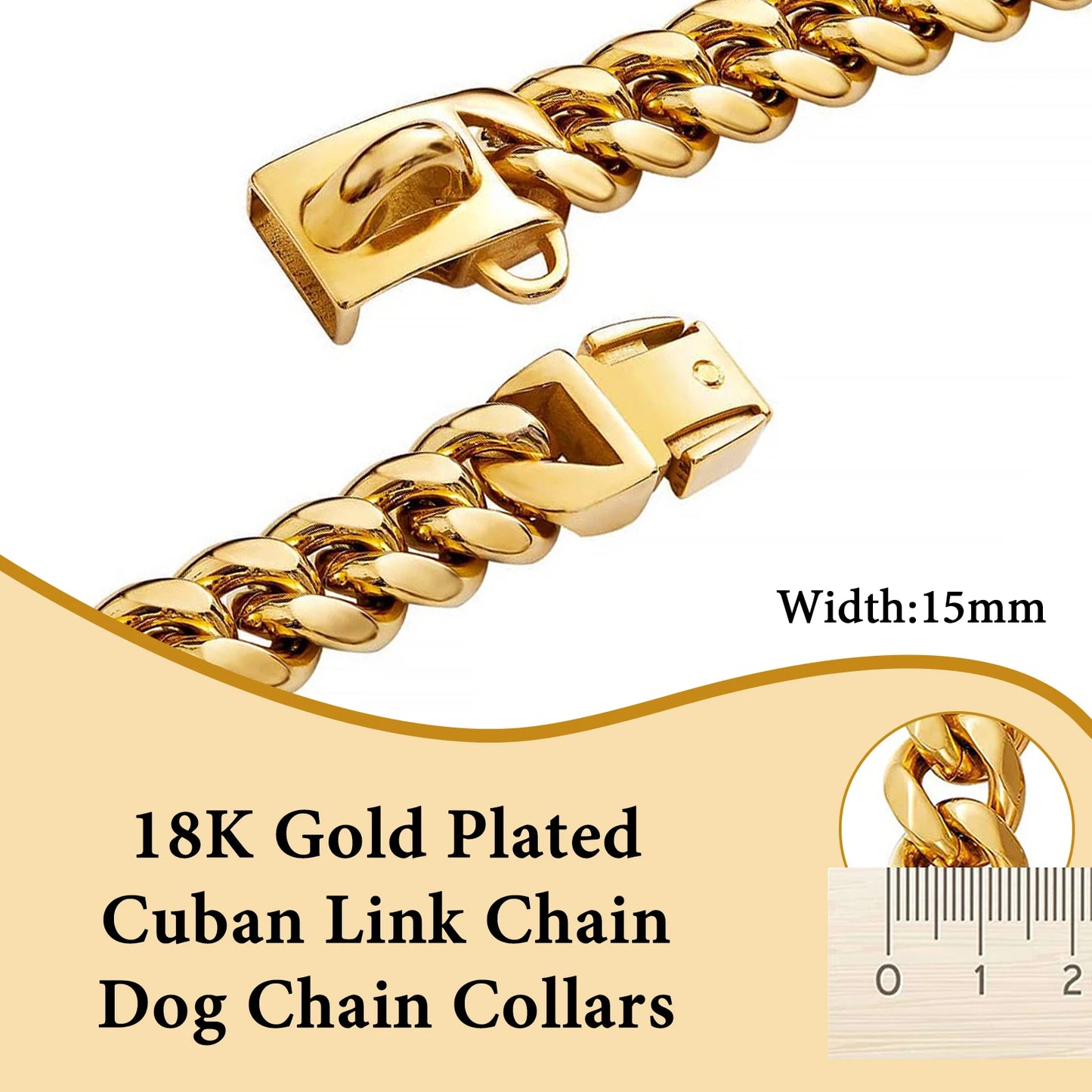 Strong Stainless Steel Dog Collar Choke with Safety Buckle Lock Golden Cuban Link Chain Metal Necklace Training Collar for Pets