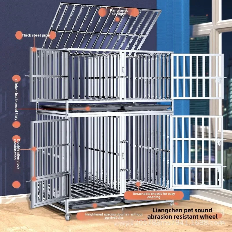 Stainless steel dog cage with partition mother and child cage square tube double cage large pet golden retriever ken