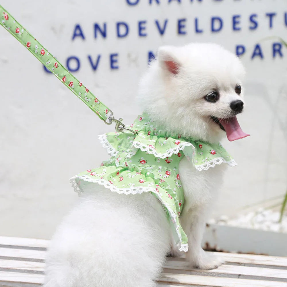 Pink Flower Puppy Harness Mesh Breathable Small Girl Dog Cat Vest Harness Cute Doggy Lace Dress Harness with Leash for Walking