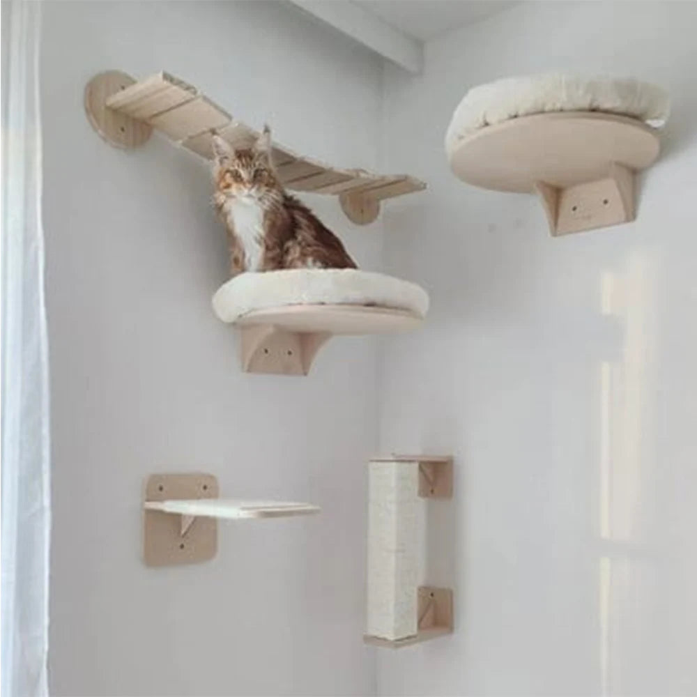 Cat Tree Wall Mounted Climbing Shelves Wooden Hammock with Ladder and Cats Perch Sleeping Pet Indoor Playground Pet Furniture