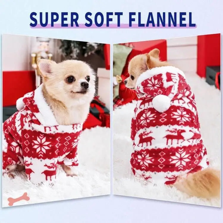 Thermal Coral Fleece Christmas Dog Pajamas Onesie for Small Medium Large Dogs, Reindeer Print Winter Dog Clothes Hooded Jumpsuit
