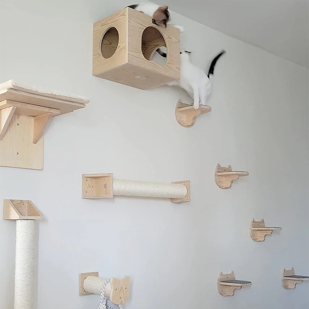 Cat Wall Mounted Shelves Climbing Ladder Cat Bridge Step and Platform with Scratching Post for Grinding Claw and Playing