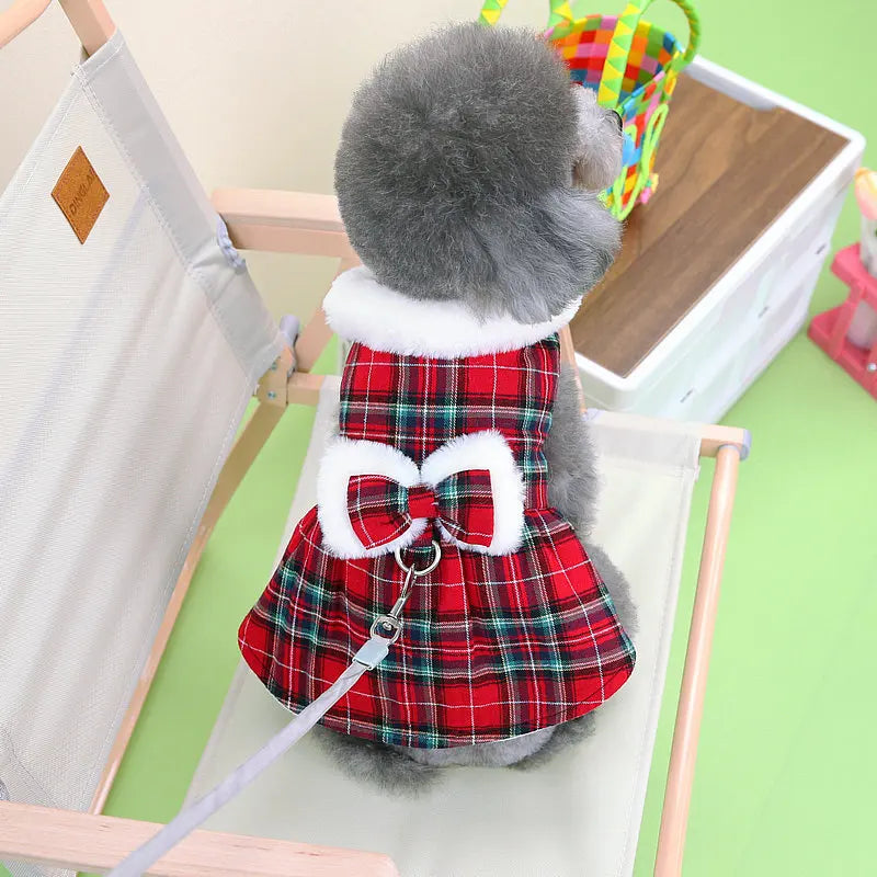 Christmas Plaid Clothes Thermal Fleece Lined Dog Winter Dress Coat with Luxury Faux Fur Collar for Small Dogs Puppy York Beagle