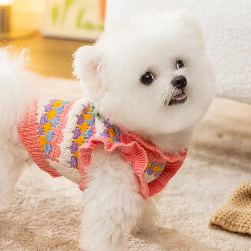 Knitted Flower Pet Dog Sweaters Orange Winter Warm New Year Clothing for French Bulldog Outfits Fancy Small Puppy Overalls
