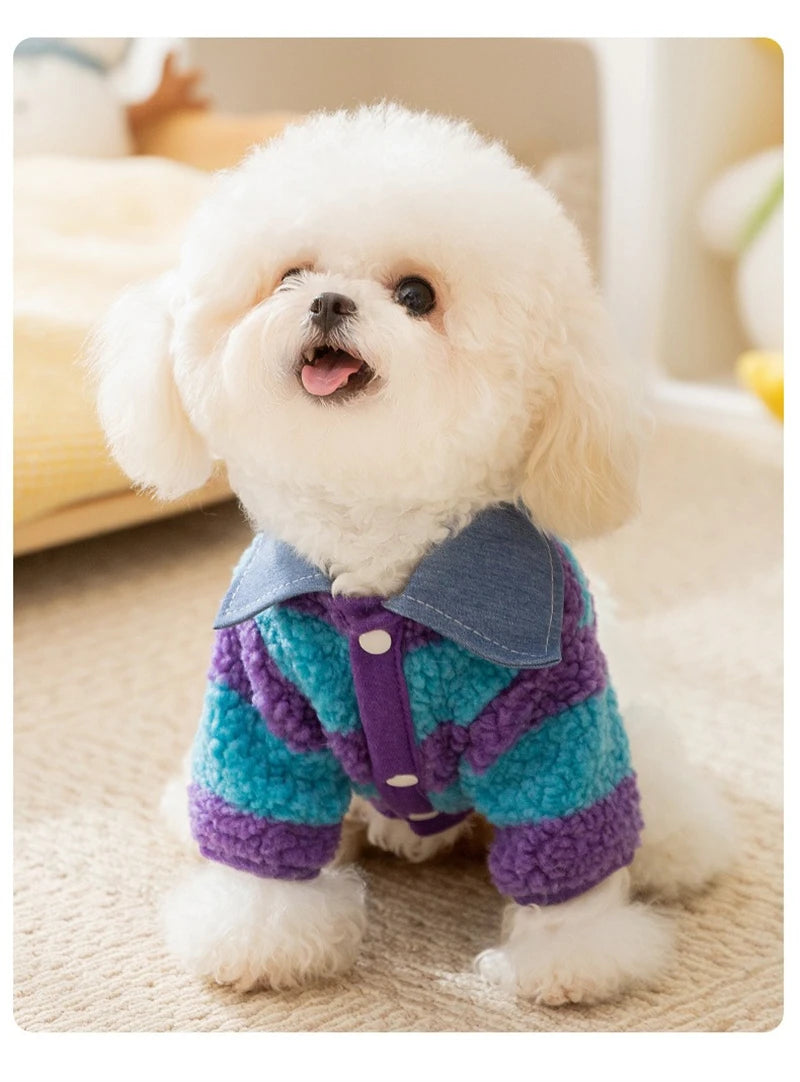Velvet Warm Pet Cat Sweatshirts Chihuahua Half Sleeve Denim Collar Designer Striped Puppy Winter Clothes Soft Overalls for Yorks