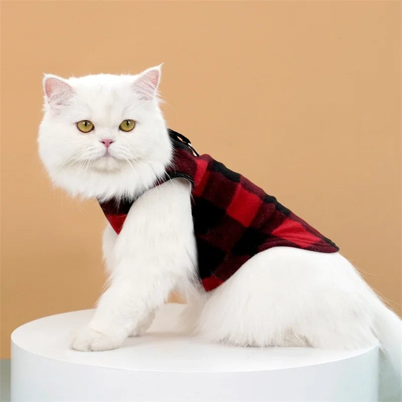 Spring Autumn Vintage Plaid Warm Fleece Pet Dog Cat Clothes Autumn Winter Thickened Vest Coat Small Medium Costume Traction Ring